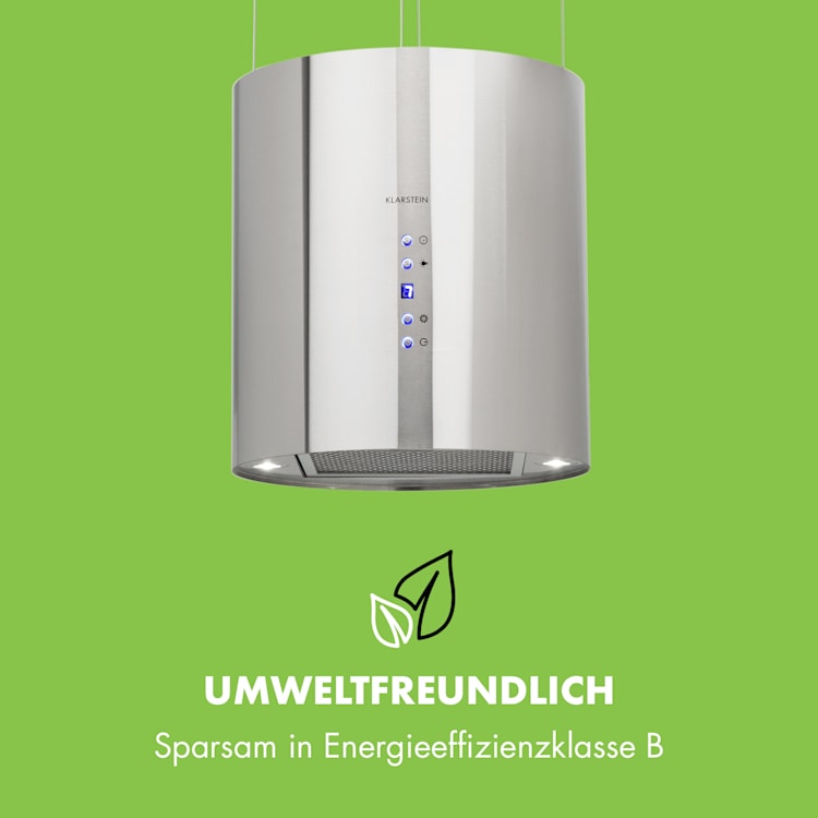 Barett Inselabzugshaube Ø35cm Umluft 558 m³/h LED Aktivkohlefilter Silber