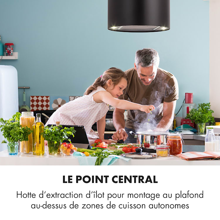 Hotte aspiranteîlot Barett Ø35cm recirculation 558 m³/h LED filtre à charbon actif Noir