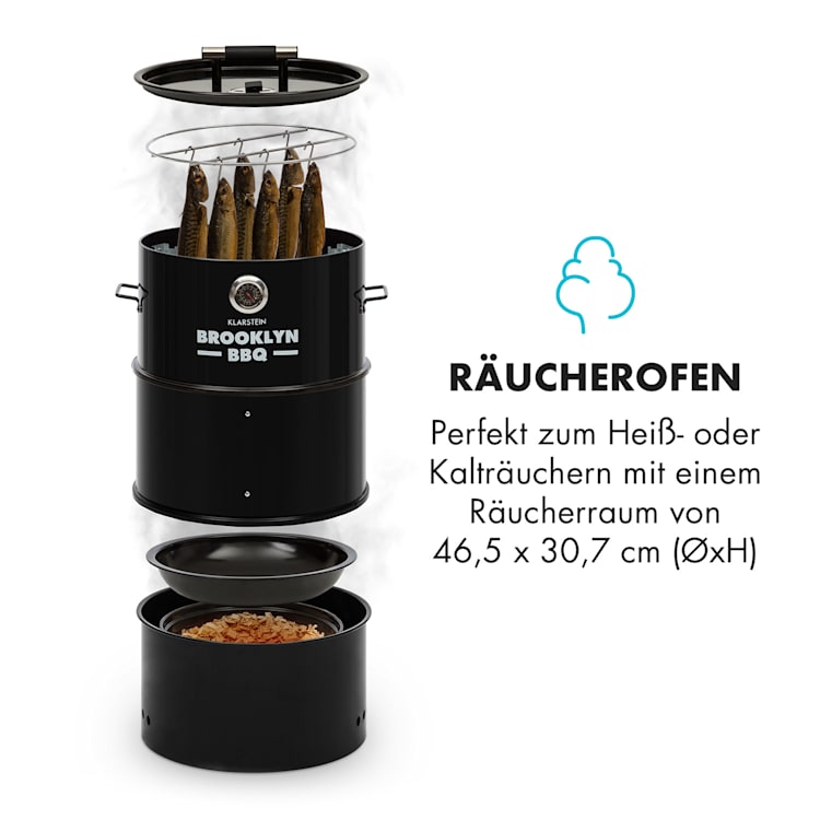 Brooklyn-BBQ 4-in-1-Grillfass | Grill, Smoker SlowCooker & Feuerschale | Ø 42 cm | Stahl | pulverbeschichtet