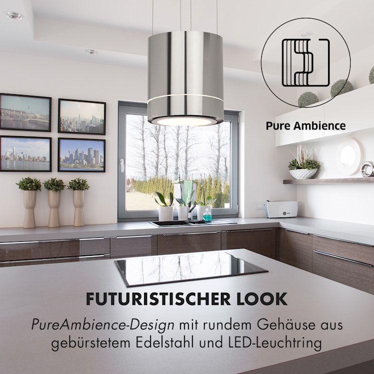Tron Ambience Inselabzugshaube Ø38cm Umluft 540m³/h LED Edelstahl Silber