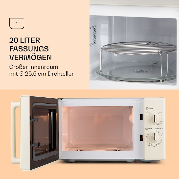 Caroline Mikrowellen-Grill | 20 Liter | 700 W Mikrowelle / 1000 W Grill | Drehteller Ø 25,5cm | QuickSelect | Retro-Design Creme