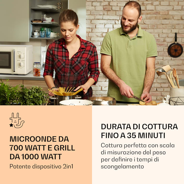 Caroline Microonde con grill | 20 litri | Microonde: 700 W/Grill: 1000 W | Piatto rotante Ø 25,5cm | QuickSelect | Design rétro Crema