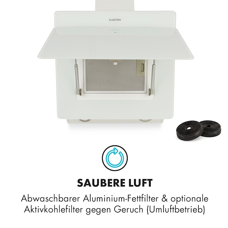 Klarstein Aurica 60 Dunstabzugshaube 60cm 600 m³/h LED Touch Glas weiß 60 cm | Ohne Ersatz-Filter | Weiß
