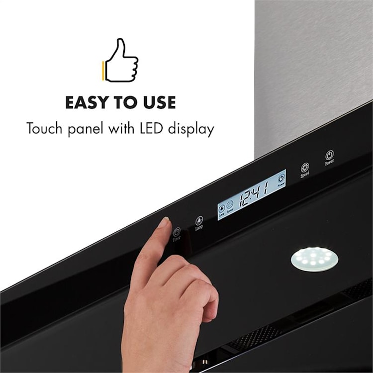 Valeria Inselabzugshaube 90cm 650m³/h Abluft Touch LED Glas Edelstahl Schwarz