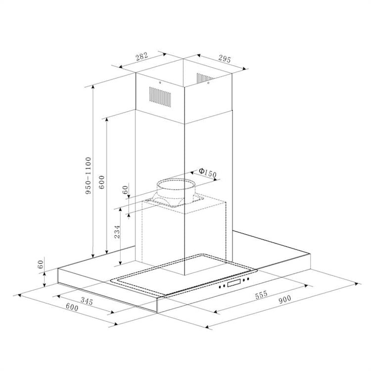 Valeria Inselabzugshaube 90cm 650m³/h Abluft Touch LED Glas Edelstahl Schwarz