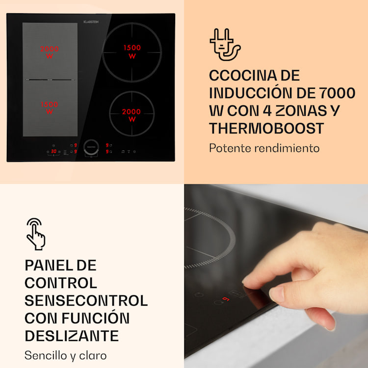 Placa de cocción híbrida Delicatessa 60 inducción Autark 4 zonas 7000W vitrocerámica 4 (2 rectangulares, 1 redondo de 21 cm, 1 redondo16 cm)