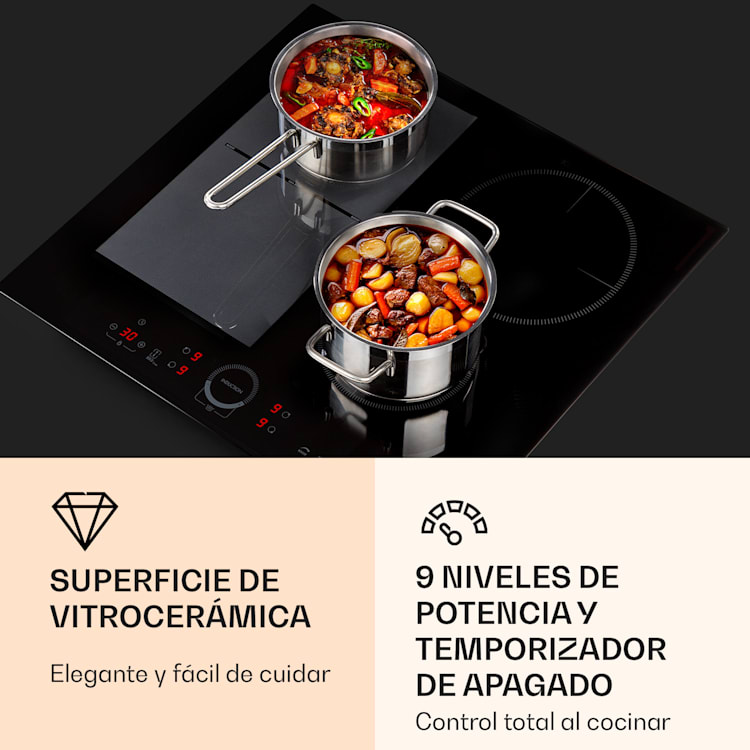 Placa de cocción híbrida Delicatessa 60 inducción Autark 4 zonas 7000W vitrocerámica 4 (2 rectangulares, 1 redondo de 21 cm, 1 redondo16 cm)