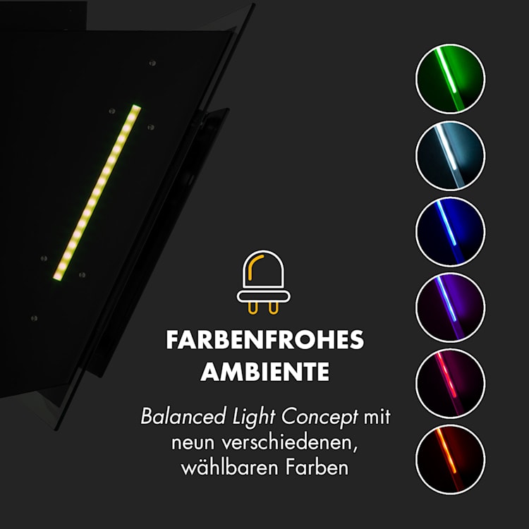 Mirage 60 Dunstabzugshaube 550 m³/h Touch-Panel RGB-Ambiente-Licht A++ Glas 60 cm | Schwarz