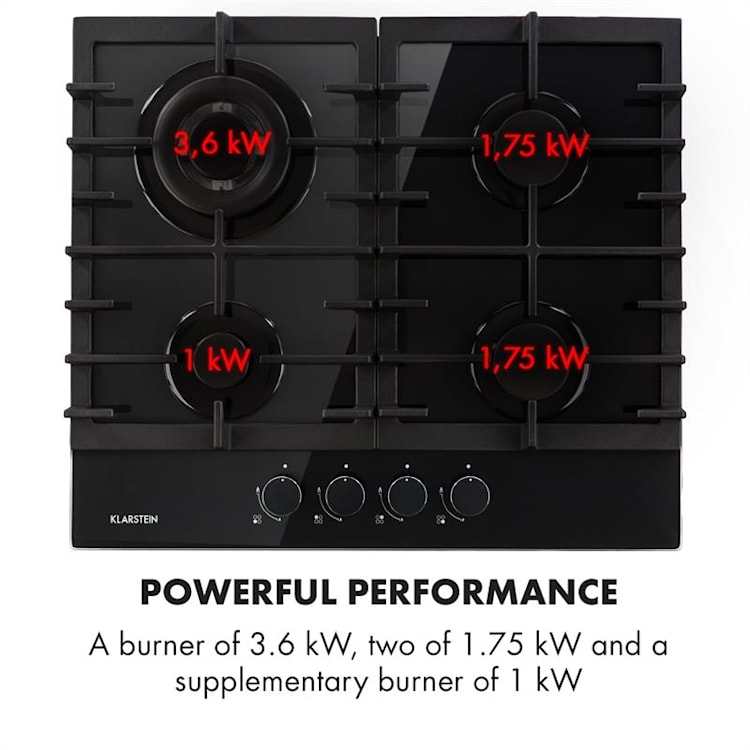 Ignito 4 Zone Gas Hob 4-Burner Sabaf Burner Glass Ceramic Black 4 burners | Black