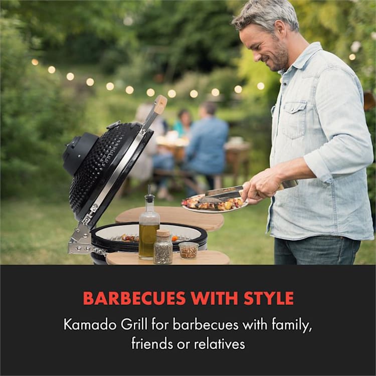Queensize kamado-grilli lämpömittari irrotettavat sivutasot musta