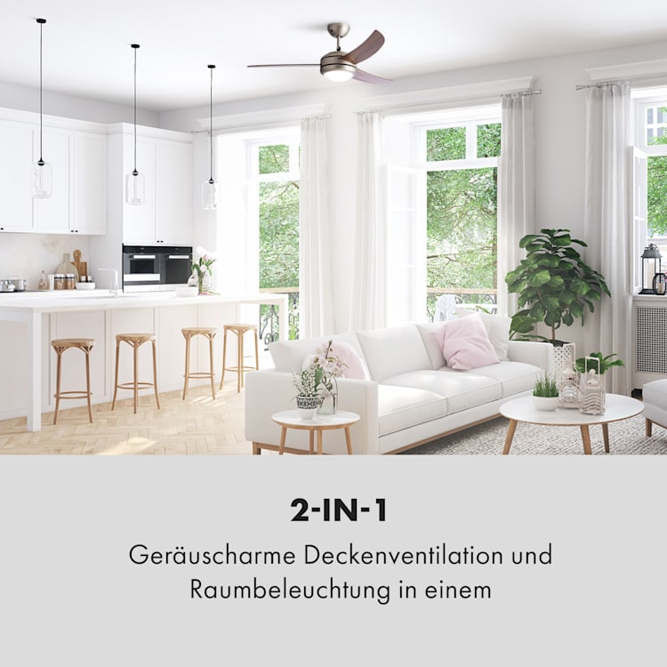 El Paso Deckenventilator | 2-in-1: Ventilator & Deckenlampe | Ø 52" (132 cm ) | 3 Flügel | 10.344 m³/h | 2 Laufrichtungen | 3 Geschwindigkeiten | 180 U/min | max. 49 dB | Fernbedienung Dunkelbraun