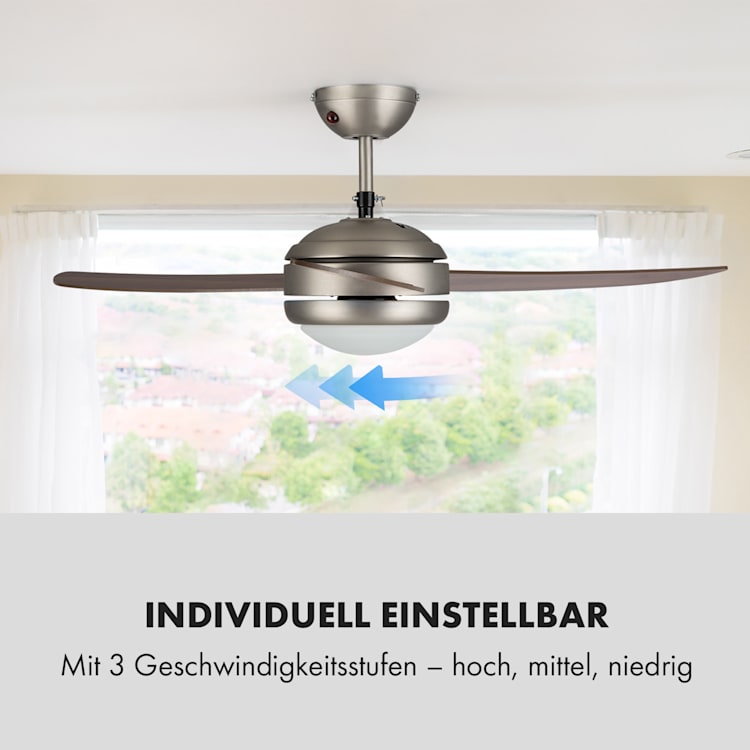 El Paso Deckenventilator | 2-in-1: Ventilator & Deckenlampe | Ø 52" (132 cm ) | 3 Flügel | 10.344 m³/h | 2 Laufrichtungen | 3 Geschwindigkeiten | 180 U/min | max. 49 dB | Fernbedienung Dunkelbraun