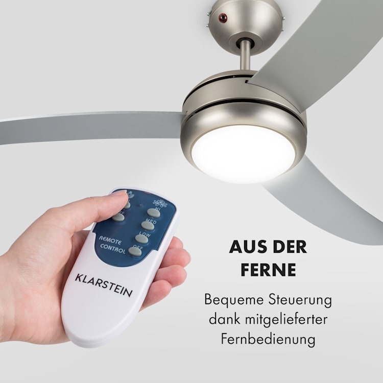 El Paso Deckenventilator | 2-in-1: Ventilator & Deckenlampe | Ø 52" (132 cm ) | 3 Flügel | 10.344 m³/h | 2 Laufrichtungen | 3 Geschwindigkeiten | 180 U/min | max. 49 dB | Fernbedienung Silber
