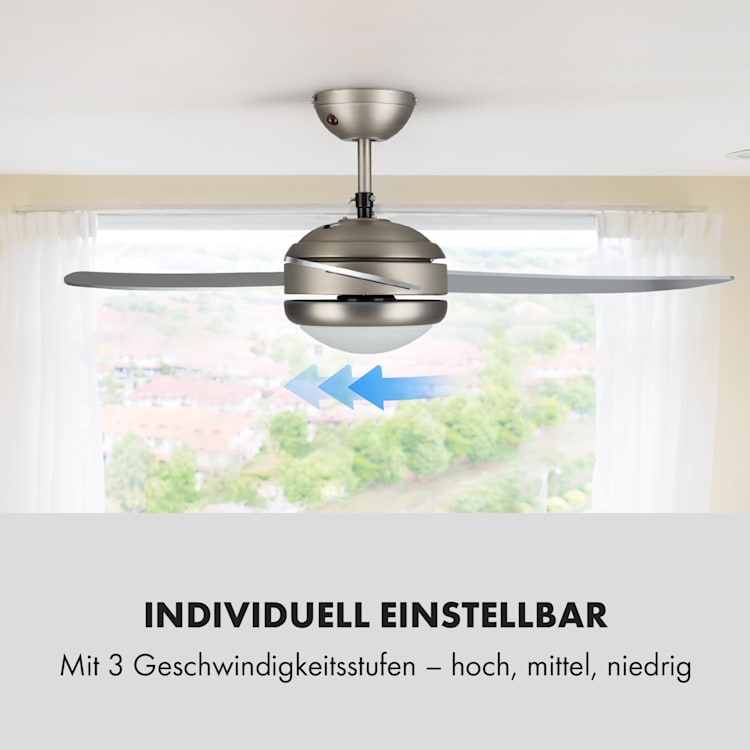 El Paso Deckenventilator | 2-in-1: Ventilator & Deckenlampe | Ø 52" (132 cm ) | 3 Flügel | 10.344 m³/h | 2 Laufrichtungen | 3 Geschwindigkeiten | 180 U/min | max. 49 dB | Fernbedienung Silber