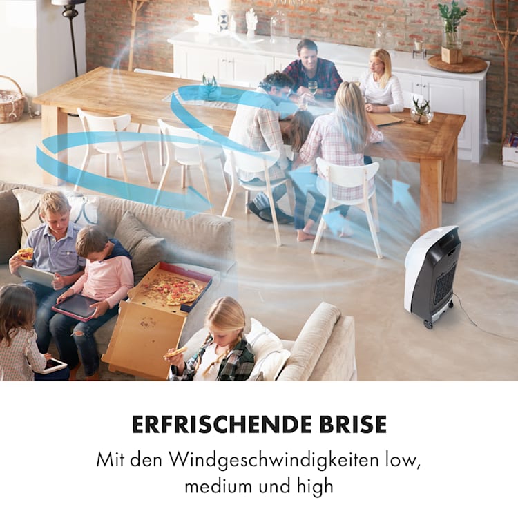 Rotator 4-in-1 Luftkühler Ventilator Luftbefeuchter Luftreiniger 396 m³/h | 110 Watt | Tank: 7 Liter | 3 Windstärken | 360°Oszillation | Ionisator | Timer | Fernbedienung | mobil Weiß
