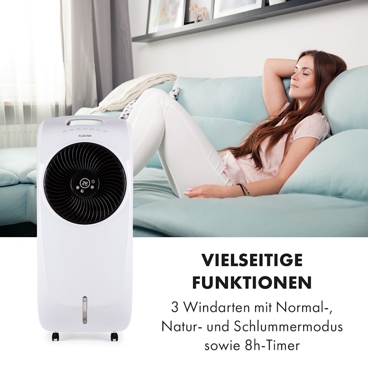 Rotator 4-in-1 Luftkühler Ventilator Luftbefeuchter Luftreiniger 396 m³/h | 110 Watt | Tank: 7 Liter | 3 Windstärken | 360°Oszillation | Ionisator | Timer | Fernbedienung | mobil Weiß
