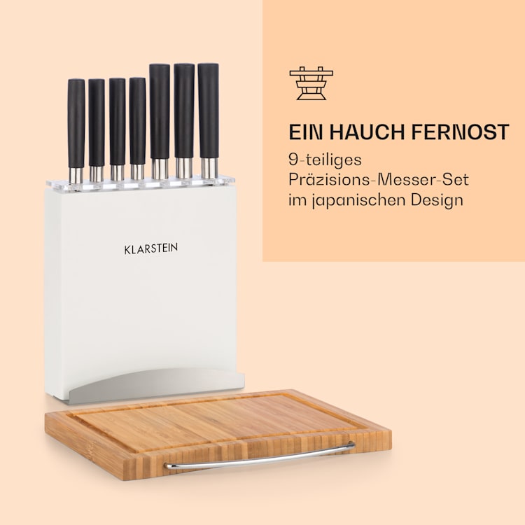 Kitano Plus Messer-Set 9 tlg. Holzblock Bambus-Schneidebrett weiß