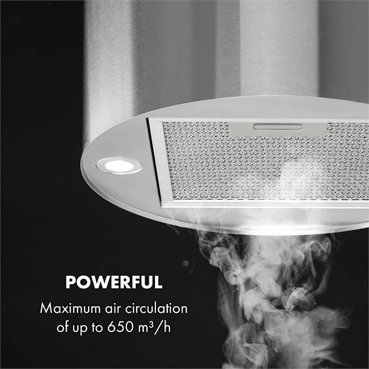 Beretta, otočna napa, Ø49,5cm, recirkulacija, 650m³/h, LED, nerjaveče jeklo Srebrna