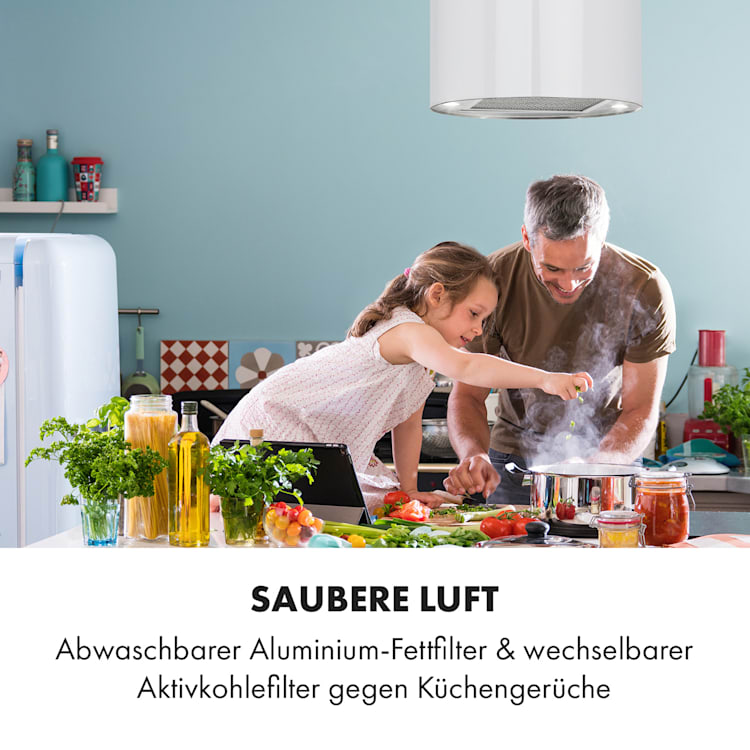 Beretta Inselabzugshaube Ø35cm Ab-/Umluft 650m³/h LED inkl. Aktivkohlefilter Weiß
