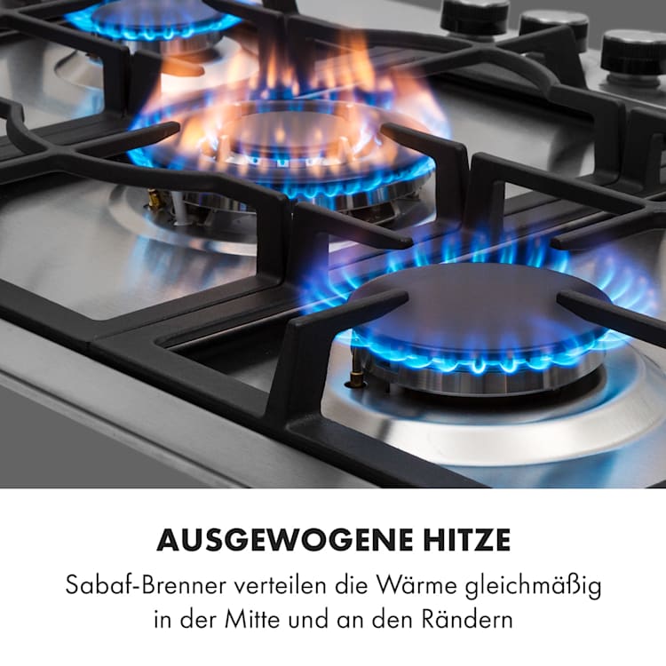 Ignito 5 Zonen Gaskochfeld 5-flammig Sabaf-Brenner Edelstahl silber 5 Brenner | Silber
