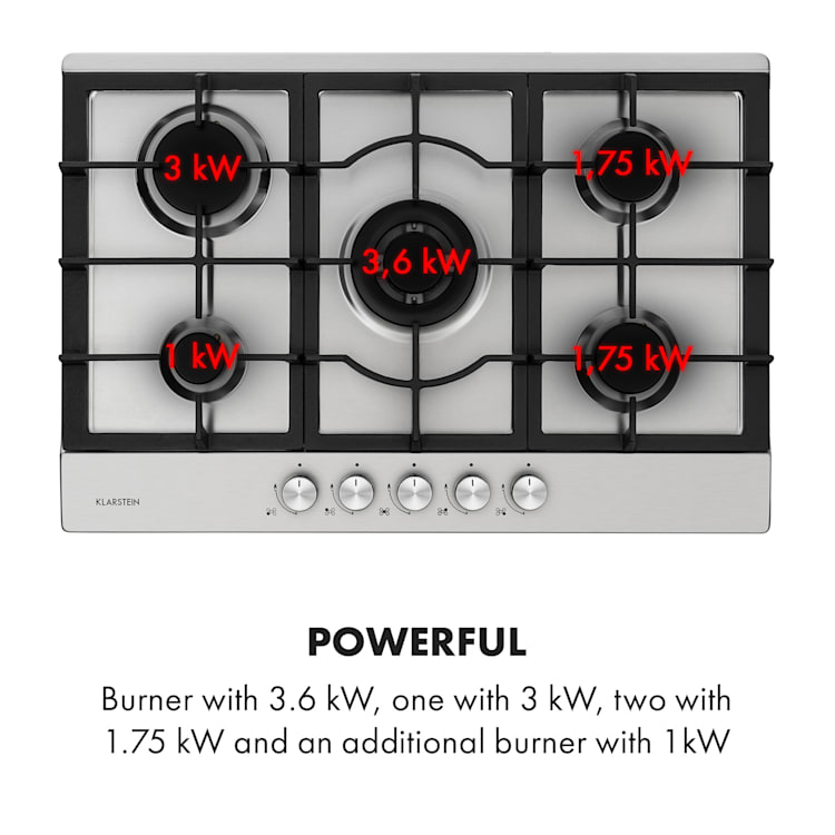 Ignito 5 Zones Gas Hob 5 Flames Sabaf Burner Stainless Steel Silver 5 burners | Silver