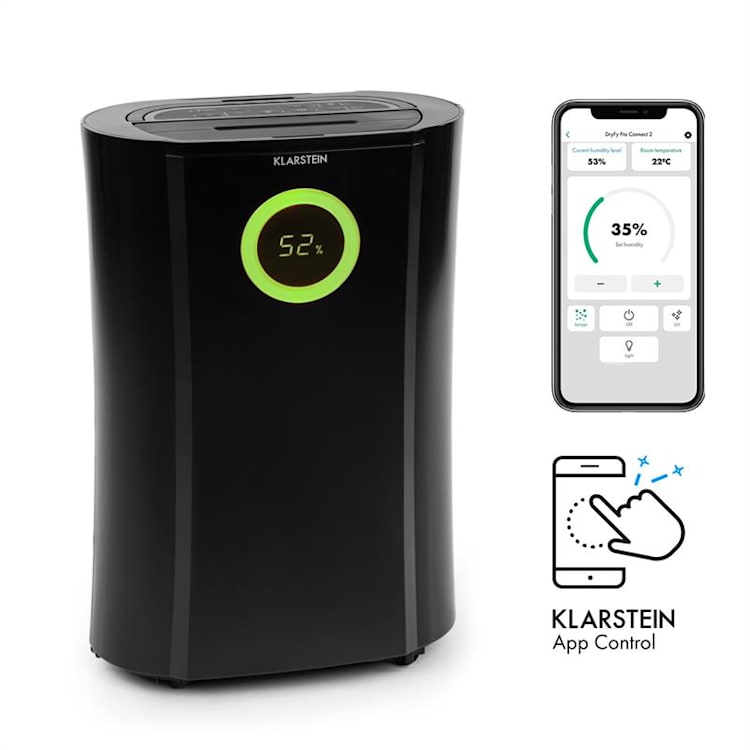DryFy Pro Connect, odvlhčovač vzduchu Klarstein, WiFi, komprese, 20l/d, 20m², 370 W, černý Černá