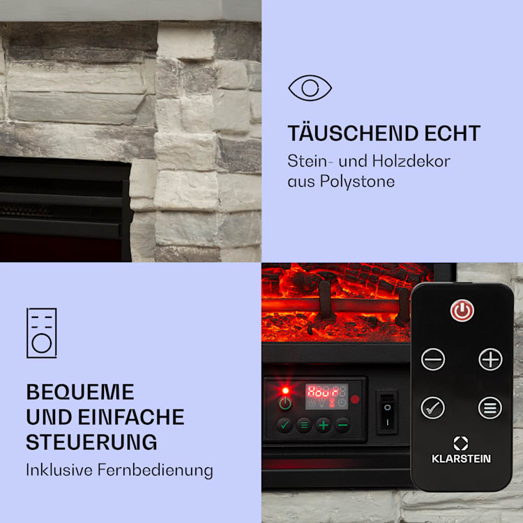 Lienz Elektrischer Kamin 1800W Steindekor Polystone Fernbedienung Hellgrau