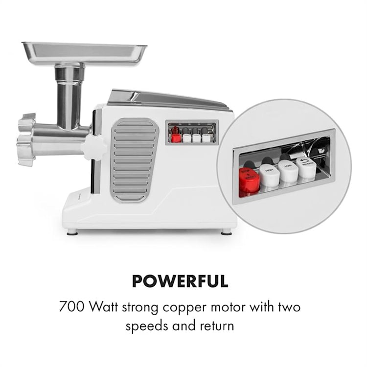 Kraftprotz elektrischer Fleischwolf 700 W Kupfermotor Hack Wurst Kebbe Edelstahl Weiß