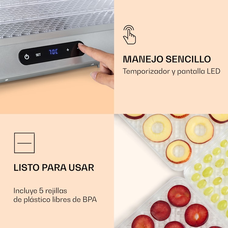 Silver deshidratador 500 W pantalla LED sin BPA 35-70 °C plateado