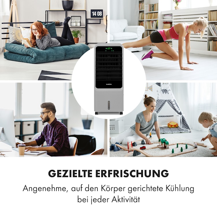 Townhouse 3-in-1 Luftkühler Ventilator Luftbefeuchter 396 m³/h | 110 Watt | 7 Liter | 4 Geschwindigkeiten | 4 Modi | Fernbedienung | mobil Hellgrau