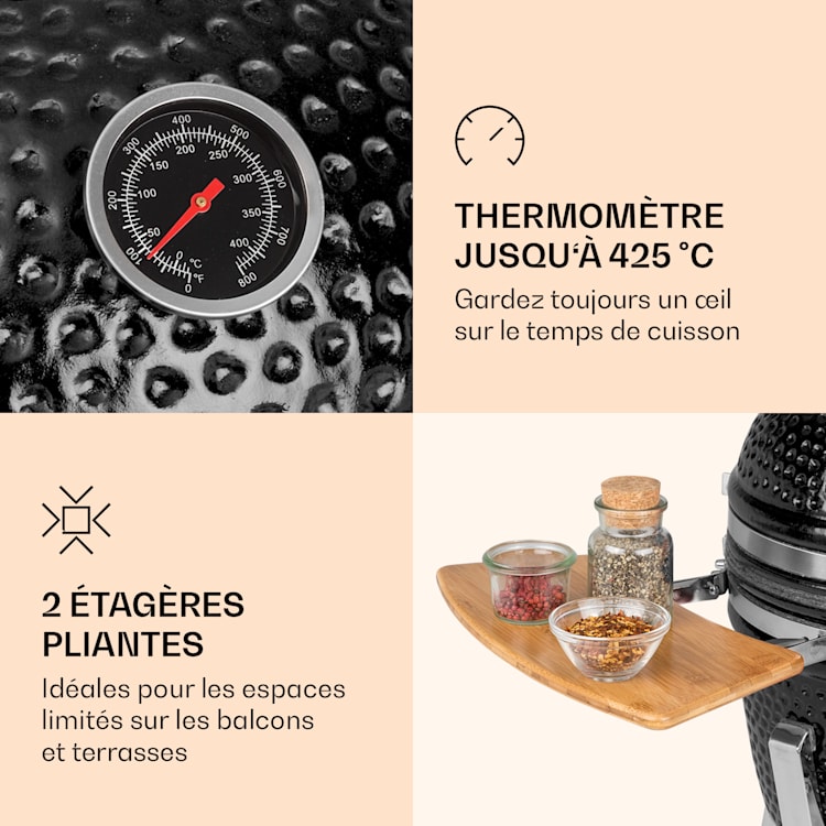 Princesize Pro barbecue Kamado 13" (33cm) Thermomètre Panneaux Latéraux Noirs Noir