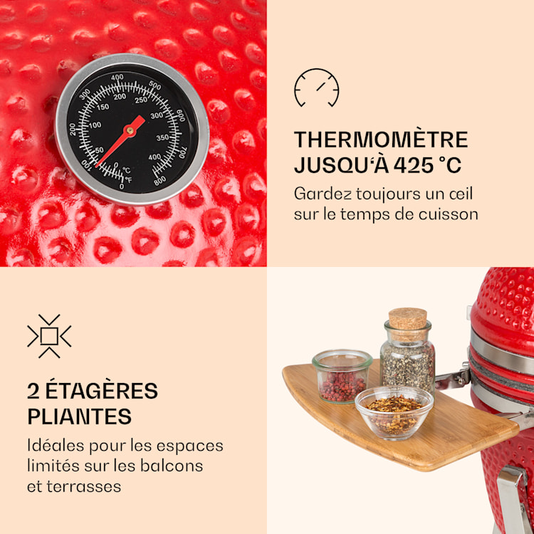 Princesize Pro barbecue Kamado 13" (33cm) Thermomètre tablettes latérales rouge Rouge