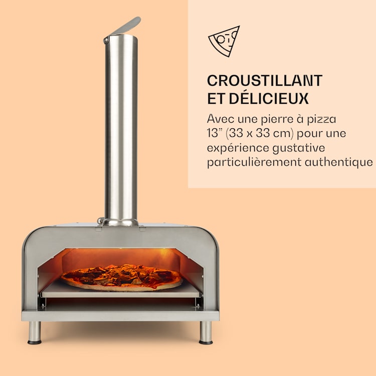 Diavolo Four à granulés pour pizza avec pierre à pizza Thermomètre Acier inoxydable Argent