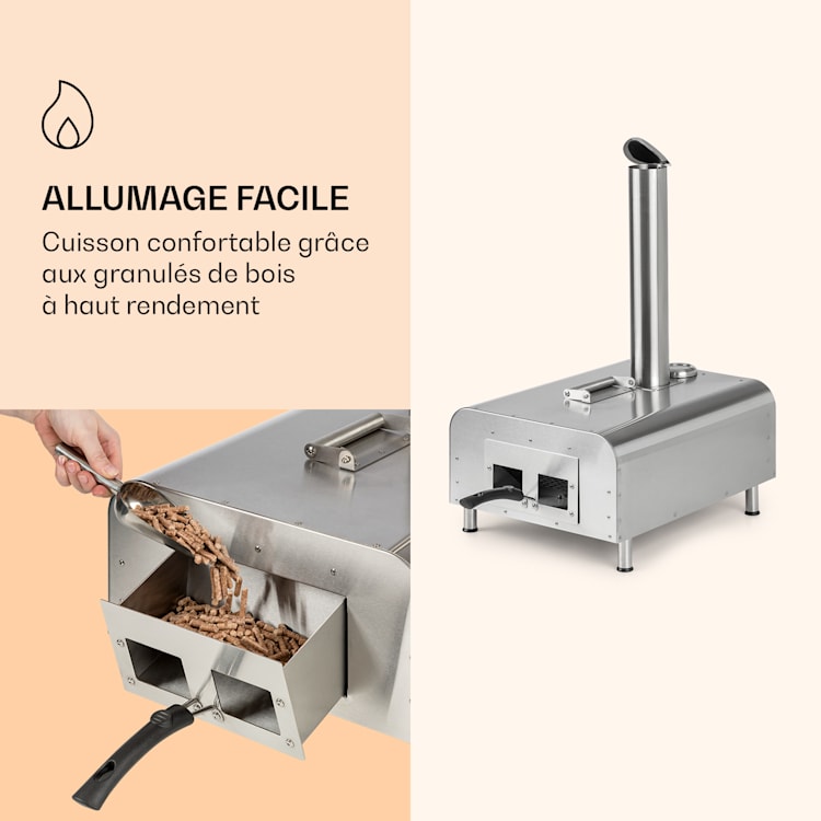 Diavolo Four à granulés pour pizza avec pierre à pizza Thermomètre Acier inoxydable Argent