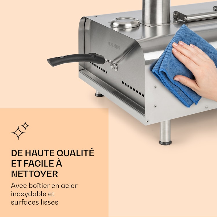 Diavolo Four à granulés pour pizza avec pierre à pizza Thermomètre Acier inoxydable Argent