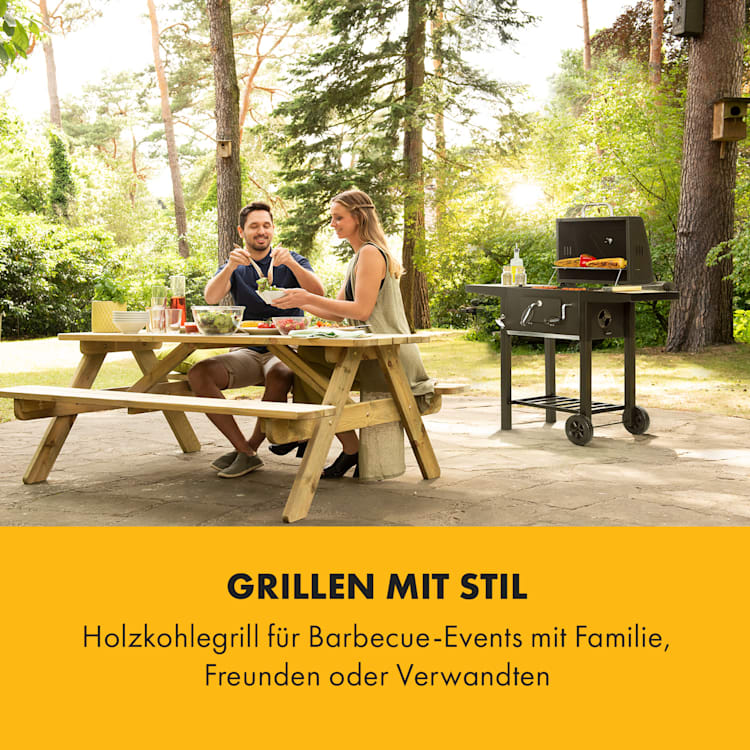 Meat Machine Holzkohlegrill BBQ 45x32,5cm Thermometer Bodenrollen schwarz