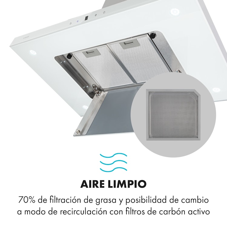 Valeria Campana extractora de isla 90cm 650m³/h Táctil EEC A Led Cristal Acero inoxidable Blanca Blanco