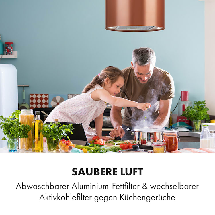 Beretta Inselabzugshaube Ø 35 cm Ab-/Umluft 650m³/h LED Aktivkohlefilter Kupfer