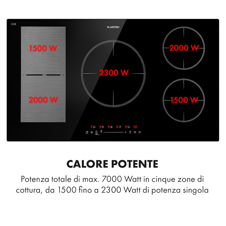 Delicatessa 90 Hybrid, piano cottura a incasso, induzione, 5 zone, 7000W, nero Nero | 5 (2x rettangolari, 1x rotondo da 21 cm, 2x rotndo da 18 cm)