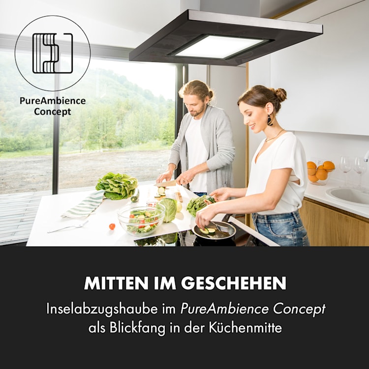 Valeria Brilliant Edition Inselhaube 90cm 643m³/h Touch EEC B LED Glas Edelstahl Schwarz