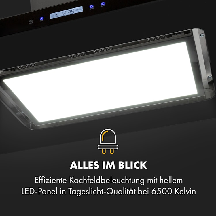 Valeria Brilliant Edition Inselhaube 90cm 643m³/h Touch EEC B LED Glas Edelstahl Schwarz