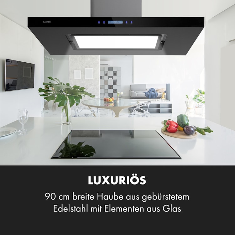 Valeria Brilliant Edition Inselhaube 90cm 643m³/h Touch EEC B LED Glas Edelstahl Schwarz