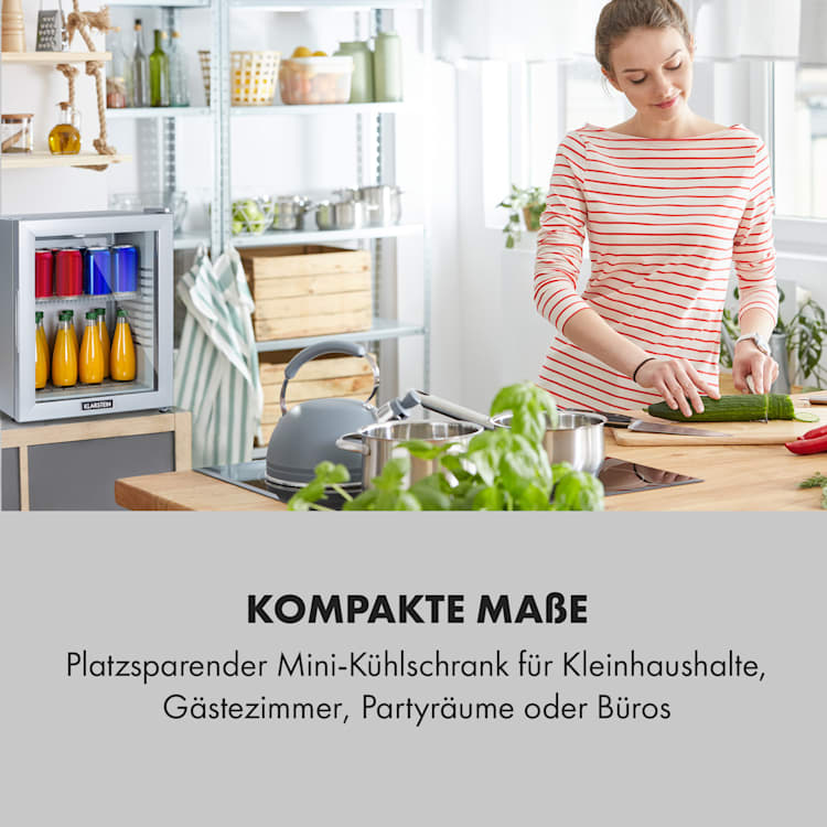 Brooklyn 24 Silver Mini-Kühlschrank Glastür LED Ablage 23 Ltr | Silber