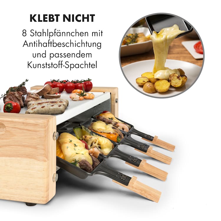 Chateaubriand Nuovo Raclette 1200W Aluminium 8 Personen Holz-Dekor Grillplatte (weiß) | 8 Raclette Pfännchen