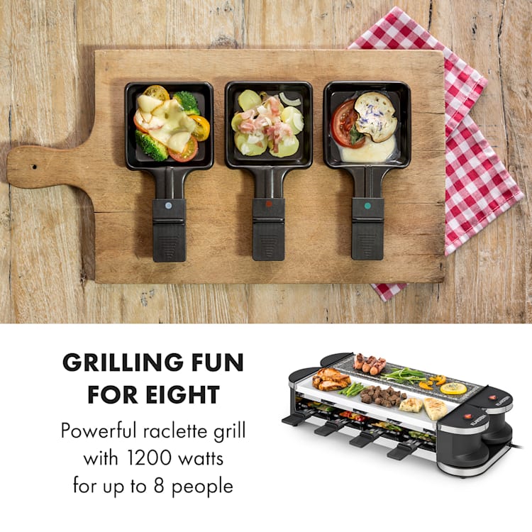 Tenderloin 50/50 Gril à raclette 1200W 8 personnes Pierre naturelle blanche pierre naturelle / plaque chauffante (blanche) | 8 poêlons de raclette