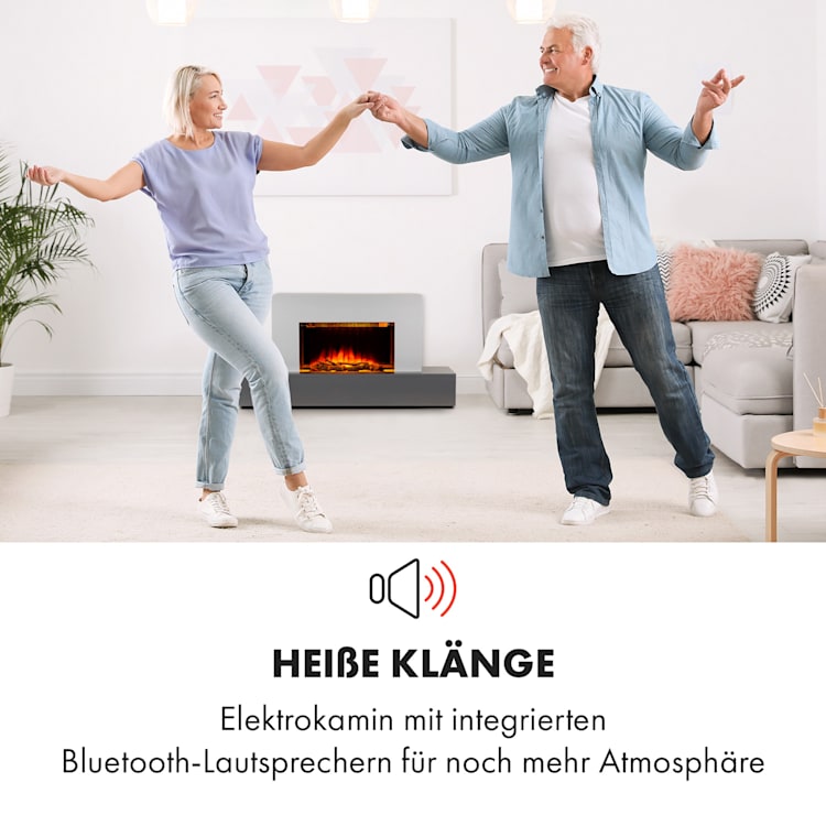 Heat 'n Beat Elektrischer Kamin 900/1800W LED Bluetooth-Speaker Flammenillusion Grau