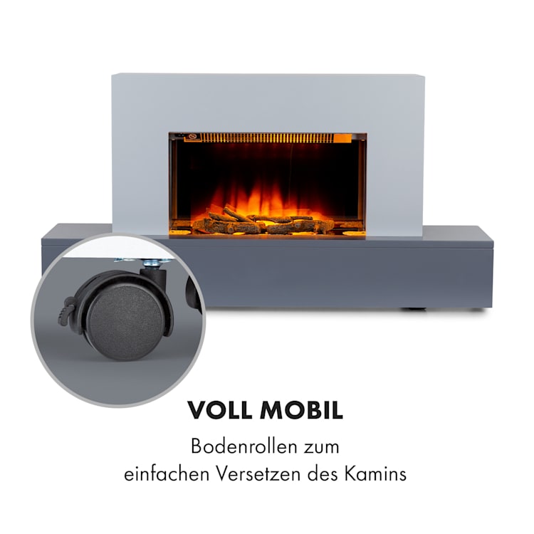 Heat 'n Beat Elektrischer Kamin 900/1800W LED Bluetooth-Speaker Flammenillusion Grau