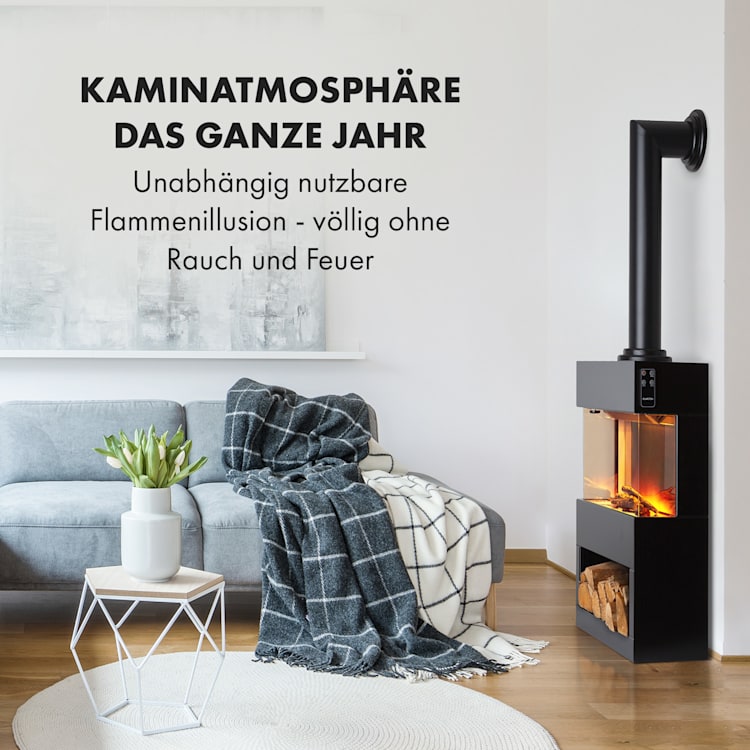 Klarstein Zermatt Elektrischer Kamin 900/1800W Thermostat Flammenillusion Ofenrohr Schwarz