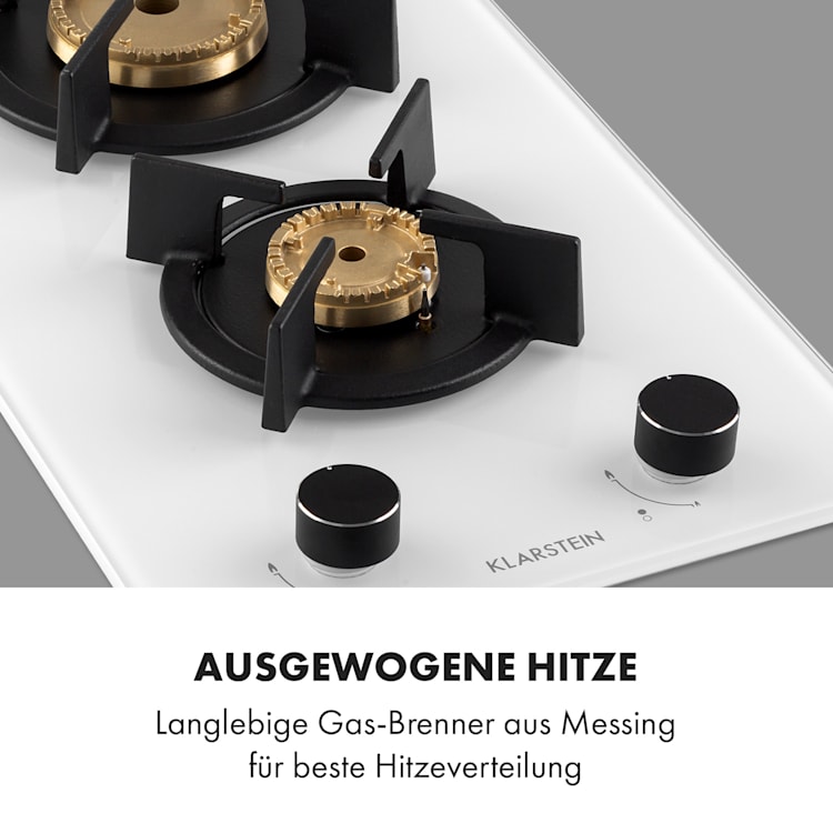 Goldflame Domino Gaskochfeld 2-flammig Messing-Brenner Glaskeramik 2 Brenner | Weiß