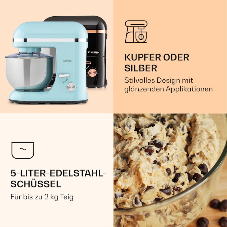 Bella Elegance Küchenmaschine 2000 W / 2,7 PS / 5,2 Liter Edelstahl BPA-frei Pastellblau
